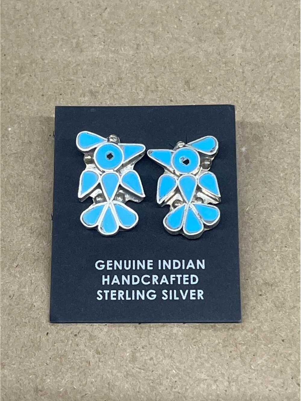 Zuni sterling silver inlay traditional turquoise Thunderbird post earrings -Pino